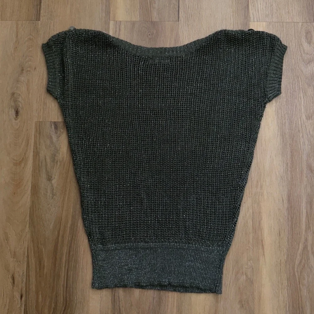 POL Olive Green Sparkle Open Knit Sweater Top Button Shoulder Boho indie M